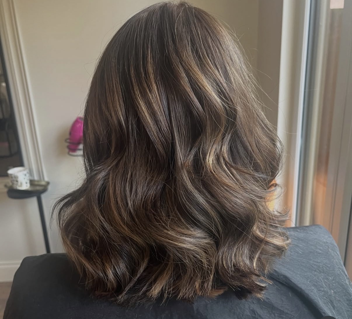 After the first Dark to Blonde Journey appointment: softer brunette with warm lighter dimension